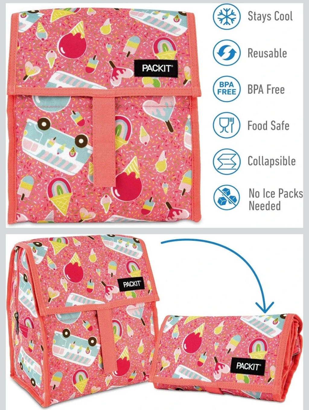 Packit Freezable Pink Foldable Zipper Lunch Bag "Ice Cream Social" Nwt — image 3 of 7